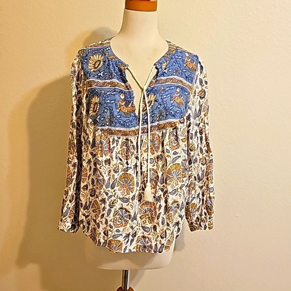 - Lucky Brand Size M Paisley Bird‎ Print Tasseled Peasant Blouse